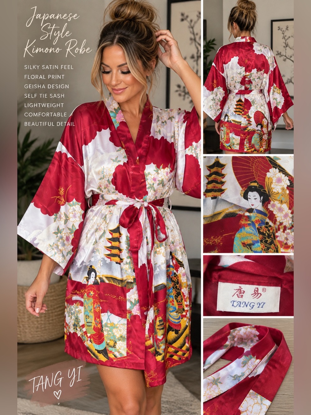 Tang Yi Women’s Medium Japanese Style Satin Kimono Robe Geisha Floral